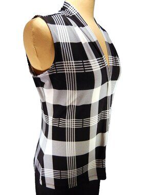 Calvin Klein Black & White Plaid V-Neck Small Sleeveless Career Top EUC